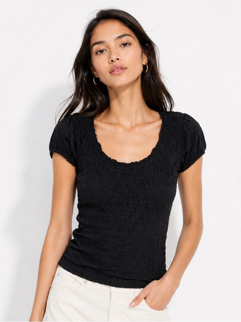 DKNY Black Textured Ruched Puff Sleeve Top NWT Smocked Y2K Coquette Whimsigoth M